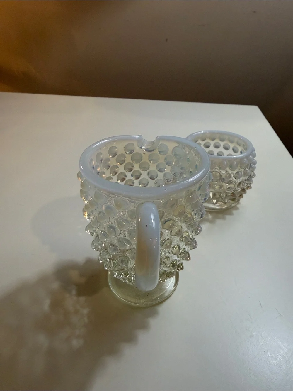 Hobnail Glass Creamer and Sugar Set - Opalescent White